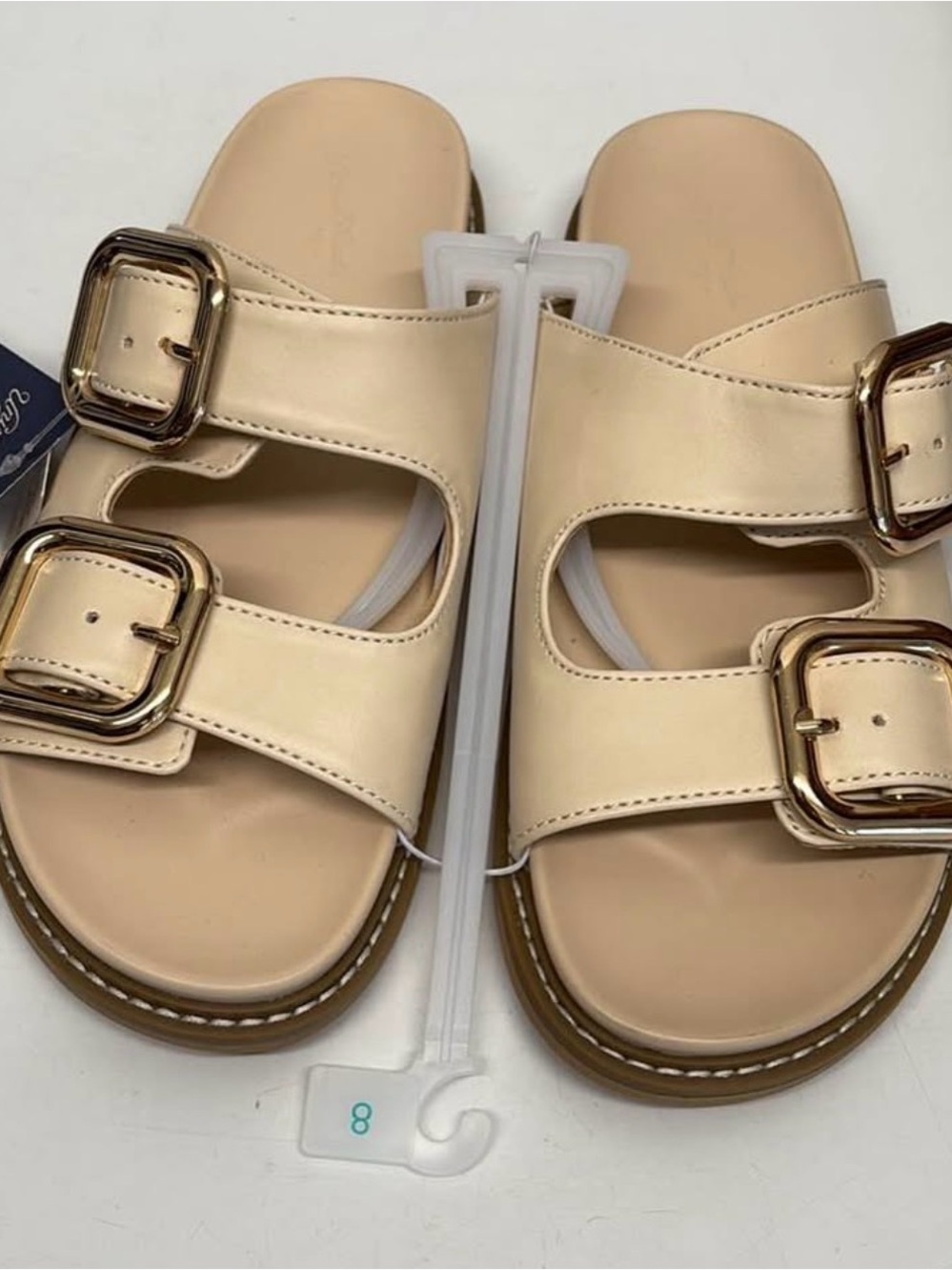 Double Buckle Slide Sandals in Beige